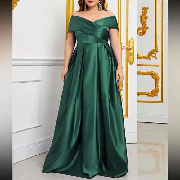 V-Neck Satin Gown with Pleated Off-Shoulder Detail Rust main image 1
